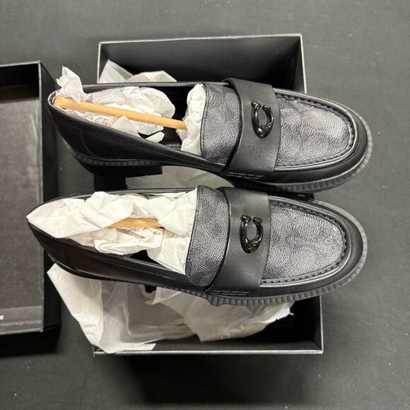 New Coach Leah Black Coated Canvas Chunky Platform Logo Loafers 8 - Picture 2 of 7